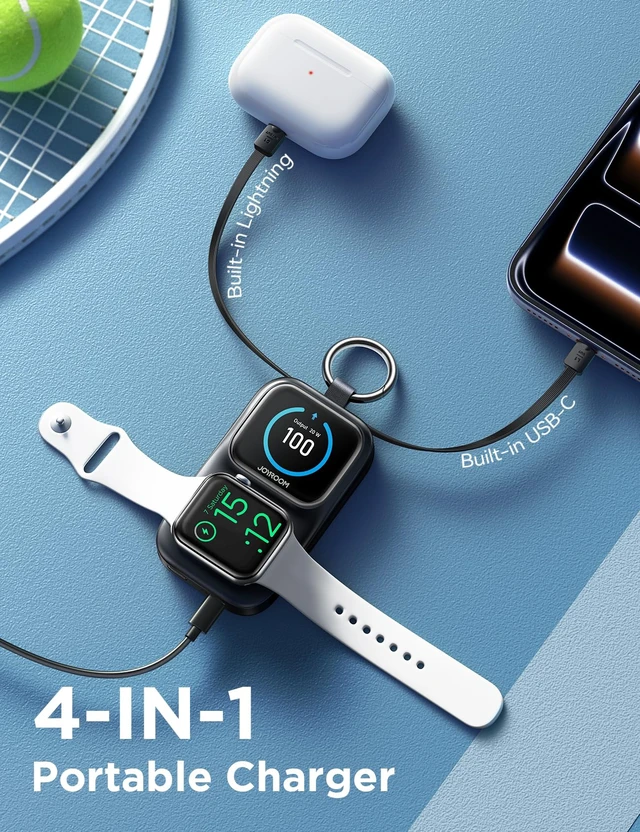 Alt view image 3 of 7 - JOYROOM Portable Charger for Apple Watch, 5000mAh Power Bank 20W PD Fast Charging Dual Built-in Cables &4 Outputs, Compact Travel Keychain Battery Pack for iPhone 17/16/15/14/13& Apple Watch, Black