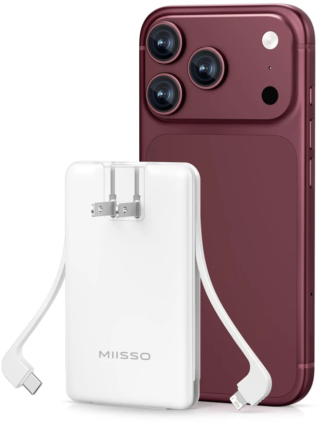 Main image of miisso Ultra Slim 5000mAh Power Bank, Built-in Cables & AC Plug,White | Pocket Size Portable Charger,Mini Phone Charger,Travel Essential,USB C External Battery Pack Compatible with iPhone,Samsung