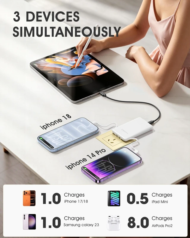 Alt view image 4 of 7 - miisso Ultra Slim 5000mAh Power Bank, Built-in Cables & AC Plug,White | Pocket Size Portable Charger,Mini Phone Charger,Travel Essential,USB C External Battery Pack Compatible with iPhone,Samsung