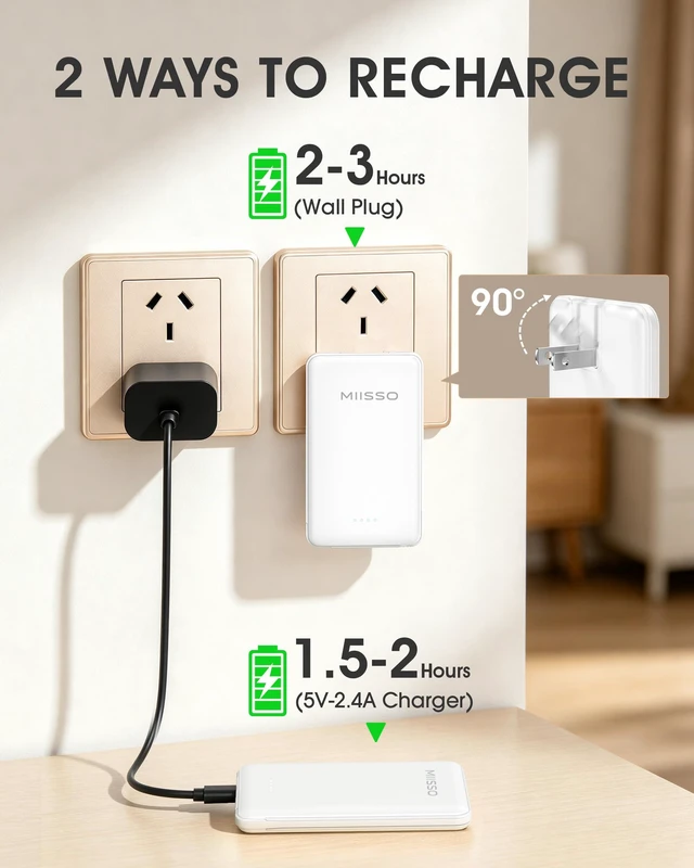 Alt view image 5 of 7 - miisso Ultra Slim 5000mAh Power Bank, Built-in Cables & AC Plug,White | Pocket Size Portable Charger,Mini Phone Charger,Travel Essential,USB C External Battery Pack Compatible with iPhone,Samsung