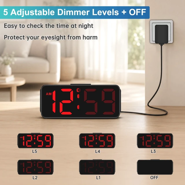 Alt view image 4 of 7 - Peakeep Small Digital Alarm Clock for Bedroom, Large Number, Battery Backup | Plug-in Tiny Electric Clock Brightness Dimmable for Bedsise Desk Table Small Spaces,5 Volume,Easy to Set, Adapter Included