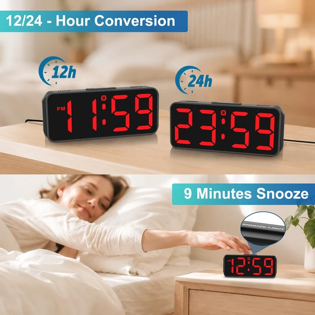 Alt view image 6 of 7 - Peakeep Small Digital Alarm Clock for Bedroom, Large Number, Battery Backup | Plug-in Tiny Electric Clock Brightness Dimmable for Bedsise Desk Table Small Spaces,5 Volume,Easy to Set, Adapter Included