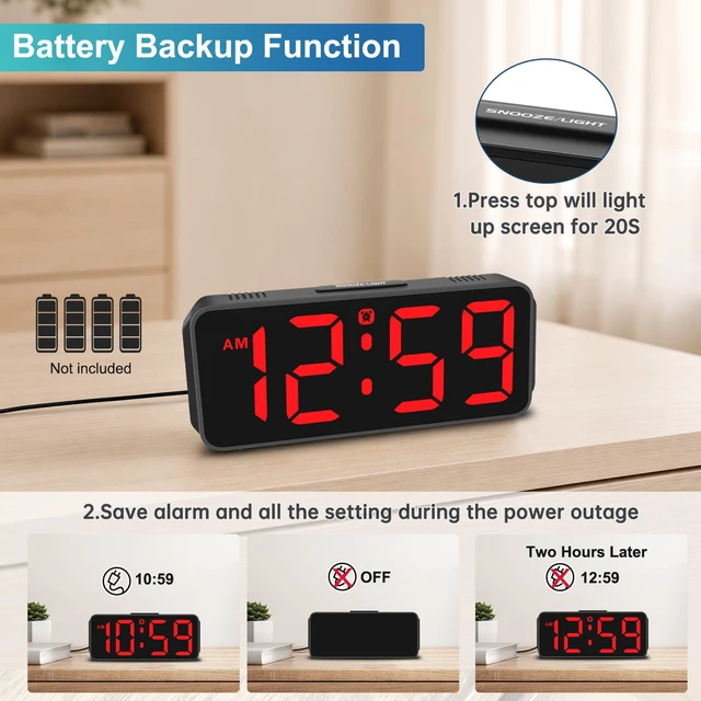 Alt view image 5 of 7 - Peakeep Small Digital Alarm Clock for Bedroom, Large Number, Battery Backup | Plug-in Tiny Electric Clock Brightness Dimmable for Bedsise Desk Table Small Spaces,5 Volume,Easy to Set, Adapter Included