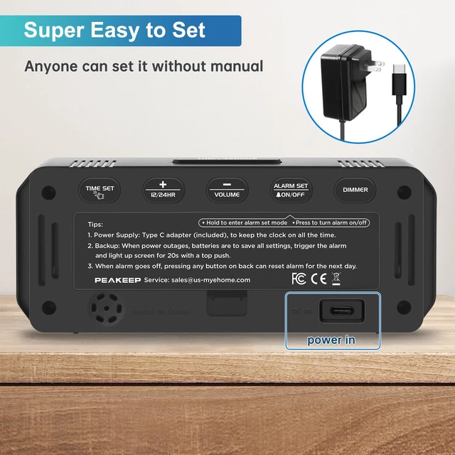 Alt view image 7 of 7 - Peakeep Small Digital Alarm Clock for Bedroom, Large Number, Battery Backup | Plug-in Tiny Electric Clock Brightness Dimmable for Bedsise Desk Table Small Spaces,5 Volume,Easy to Set, Adapter Included
