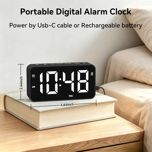 Alt view image 2 of 7 - Small Rechargeable or Plug in Alarm Clocks for Bedrooms Living Room Study Loud Bedside Desk Clock Memory Function Dual Alarm 3 Modes Weekends Weekdays Every Day for Kids Heavy Sleepers Adults