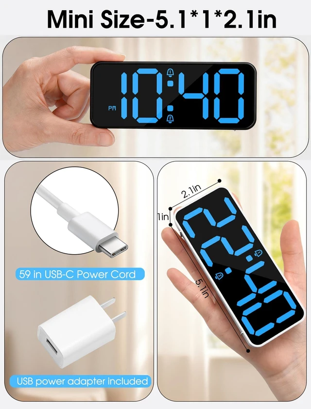 Alt view image 2 of 6 - GLOVIC Small Digital Alarm Clock for Bedrooms, Battery Backup, Loud 105dB | battery operated digital clock, plug in, extra loud for heavy sleepers, easy to read, dual alarm, 5 brightness levels