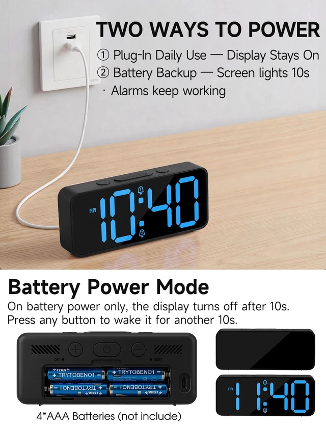 Alt view image 3 of 6 - GLOVIC Small Digital Alarm Clock for Bedrooms, Battery Backup, Loud 105dB | battery operated digital clock, plug in, extra loud for heavy sleepers, easy to read, dual alarm, 5 brightness levels