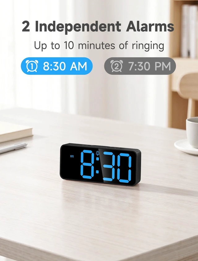 Alt view image 5 of 6 - GLOVIC Small Digital Alarm Clock for Bedrooms, Battery Backup, Loud 105dB | battery operated digital clock, plug in, extra loud for heavy sleepers, easy to read, dual alarm, 5 brightness levels