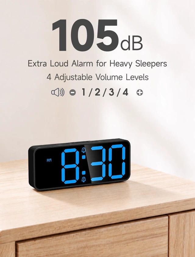 Alt view image 4 of 6 - GLOVIC Small Digital Alarm Clock for Bedrooms, Battery Backup, Loud 105dB | battery operated digital clock, plug in, extra loud for heavy sleepers, easy to read, dual alarm, 5 brightness levels