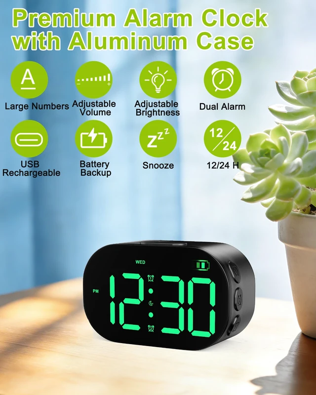 Alt view image 2 of 7 - DTKID Digital Alarm Clock Bedside, Aluminium Clock with Large Numbers | Adjustable Brightness Volume, Snooze, 12/24H, USB and Battery Powered For Bedroom Nightstand Trave