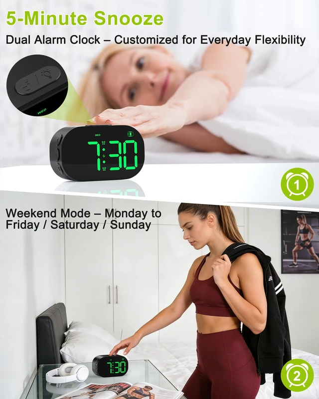 Alt view image 3 of 7 - DTKID Digital Alarm Clock Bedside, Aluminium Clock with Large Numbers | Adjustable Brightness Volume, Snooze, 12/24H, USB and Battery Powered For Bedroom Nightstand Trave