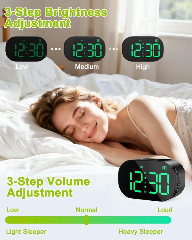 Alt view image 4 of 7 - DTKID Digital Alarm Clock Bedside, Aluminium Clock with Large Numbers | Adjustable Brightness Volume, Snooze, 12/24H, USB and Battery Powered For Bedroom Nightstand Trave