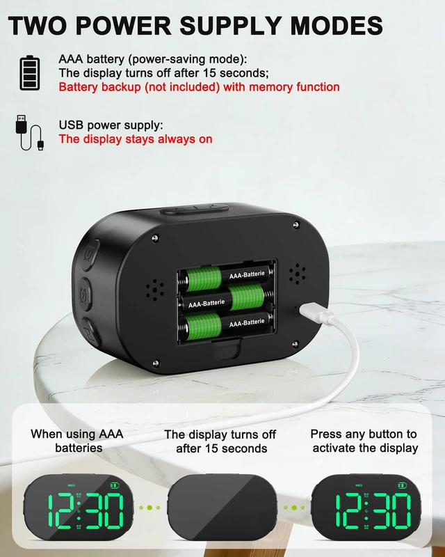 Alt view image 6 of 7 - DTKID Digital Alarm Clock Bedside, Aluminium Clock with Large Numbers | Adjustable Brightness Volume, Snooze, 12/24H, USB and Battery Powered For Bedroom Nightstand Trave