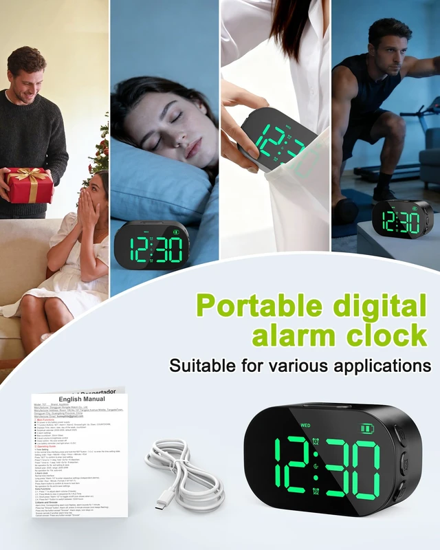 Alt view image 5 of 7 - DTKID Digital Alarm Clock Bedside, Aluminium Clock with Large Numbers | Adjustable Brightness Volume, Snooze, 12/24H, USB and Battery Powered For Bedroom Nightstand Trave