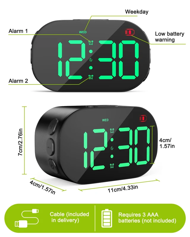 Alt view image 7 of 7 - DTKID Digital Alarm Clock Bedside, Aluminium Clock with Large Numbers | Adjustable Brightness Volume, Snooze, 12/24H, USB and Battery Powered For Bedroom Nightstand Trave