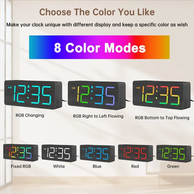 Alt view image 2 of 6 - DreamSky Wooden Digital Alarm Clock for Bedroom, Living Room Desk | RGB Loud Alarm Clock for Heavy Sleepers with Volume Control, Large Numbers with Dimmer, Office Wood Decor (Plug in Clock)