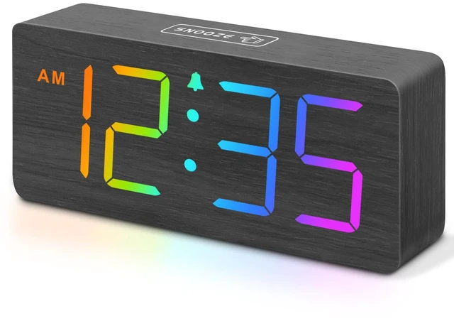 Main image of DreamSky Wooden Digital Alarm Clock for Bedroom, Living Room Desk | RGB Loud Alarm Clock for Heavy Sleepers with Volume Control, Large Numbers with Dimmer, Office Wood Decor (Plug in Clock)