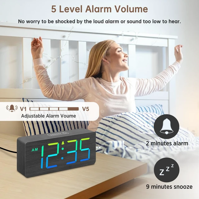 Alt view image 4 of 6 - DreamSky Wooden Digital Alarm Clock for Bedroom, Living Room Desk | RGB Loud Alarm Clock for Heavy Sleepers with Volume Control, Large Numbers with Dimmer, Office Wood Decor (Plug in Clock)