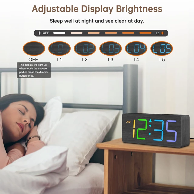 Alt view image 5 of 6 - DreamSky Wooden Digital Alarm Clock for Bedroom, Living Room Desk | RGB Loud Alarm Clock for Heavy Sleepers with Volume Control, Large Numbers with Dimmer, Office Wood Decor (Plug in Clock)