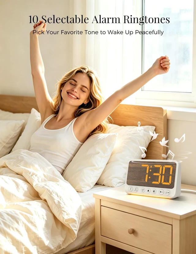 Alt view image 3 of 7 - Topski Alarm Clocks for Bedroom, Digital Bedside Clock with Night Light | Faux Woodgrain Finish, Loud Alarm for Heavy Sleepers, Dimmable, 4 Volumes, Snooze, 10 Ringtones, Plugin, with USB Charger