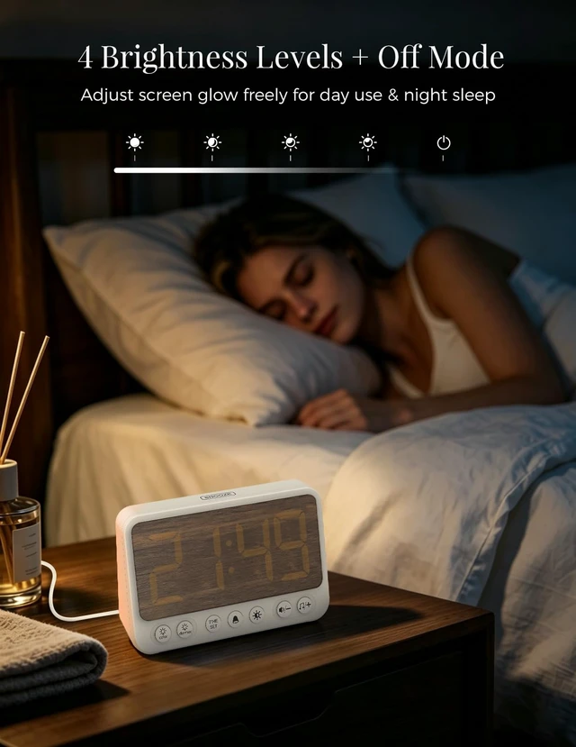 Alt view image 4 of 7 - Topski Alarm Clocks for Bedroom, Digital Bedside Clock with Night Light | Faux Woodgrain Finish, Loud Alarm for Heavy Sleepers, Dimmable, 4 Volumes, Snooze, 10 Ringtones, Plugin, with USB Charger