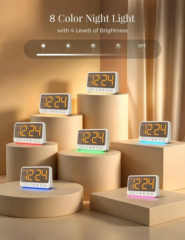 Alt view image 2 of 7 - Topski Alarm Clocks for Bedroom, Digital Bedside Clock with Night Light | Faux Woodgrain Finish, Loud Alarm for Heavy Sleepers, Dimmable, 4 Volumes, Snooze, 10 Ringtones, Plugin, with USB Charger