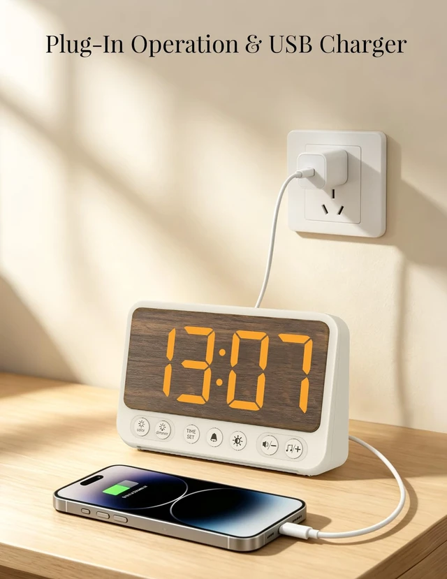 Alt view image 5 of 7 - Topski Alarm Clocks for Bedroom, Digital Bedside Clock with Night Light | Faux Woodgrain Finish, Loud Alarm for Heavy Sleepers, Dimmable, 4 Volumes, Snooze, 10 Ringtones, Plugin, with USB Charger