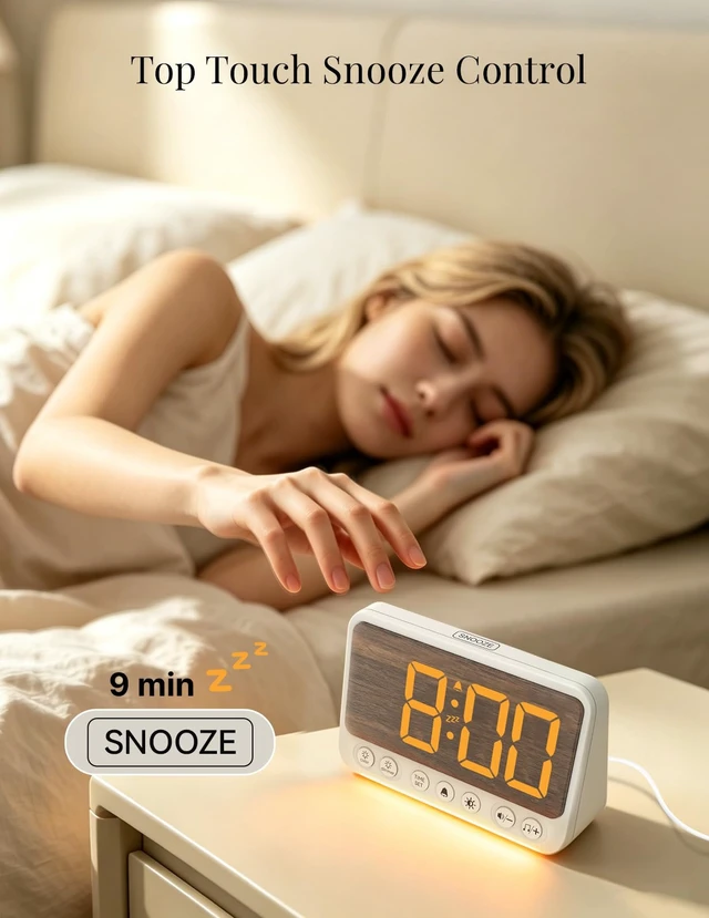 Alt view image 6 of 7 - Topski Alarm Clocks for Bedroom, Digital Bedside Clock with Night Light | Faux Woodgrain Finish, Loud Alarm for Heavy Sleepers, Dimmable, 4 Volumes, Snooze, 10 Ringtones, Plugin, with USB Charger