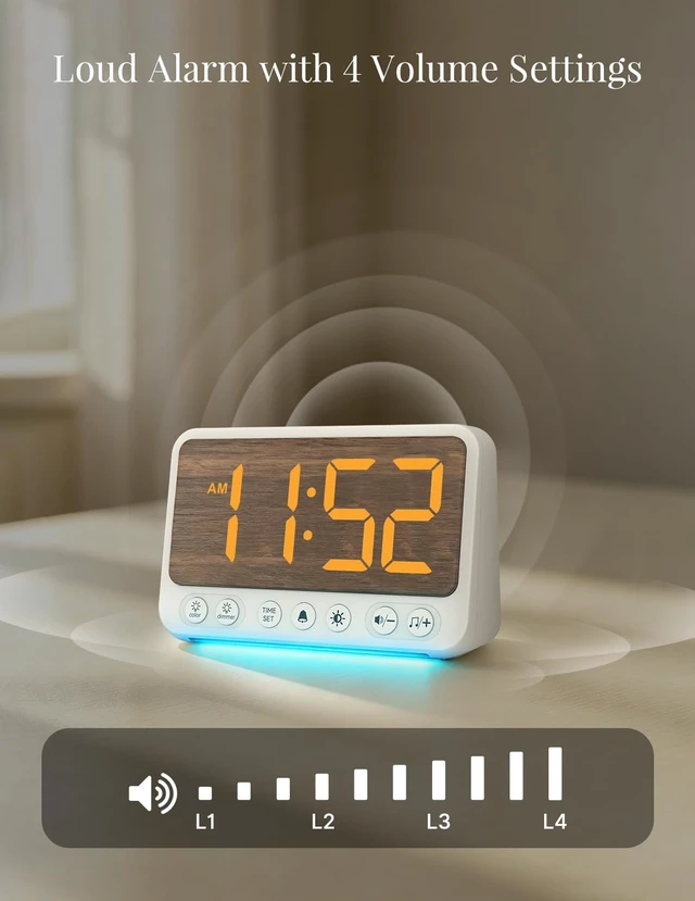 Alt view image 7 of 7 - Topski Alarm Clocks for Bedroom, Digital Bedside Clock with Night Light | Faux Woodgrain Finish, Loud Alarm for Heavy Sleepers, Dimmable, 4 Volumes, Snooze, 10 Ringtones, Plugin, with USB Charger