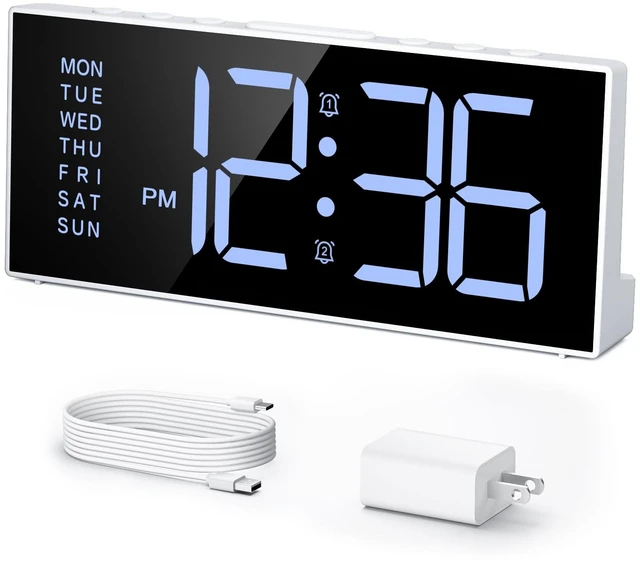 Main image of Digital Alarm Clock for Bedroom with Large LED Numbers, Dimmer, 2 Alarms | Snooze, 3 Levels of Volume, 3 Alarm Schedules, the Day of the Week, USB Charging Port, Mains-Powered for Living Room Office