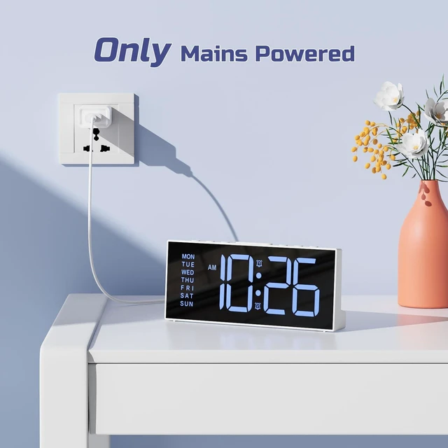 Alt view image 2 of 7 - Digital Alarm Clock for Bedroom with Large LED Numbers, Dimmer, 2 Alarms | Snooze, 3 Levels of Volume, 3 Alarm Schedules, the Day of the Week, USB Charging Port, Mains-Powered for Living Room Office