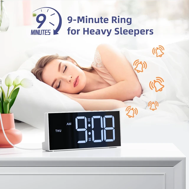 Alt view image 3 of 7 - Digital Alarm Clock for Bedroom with Large LED Numbers, Dimmer, 2 Alarms | Snooze, 3 Levels of Volume, 3 Alarm Schedules, the Day of the Week, USB Charging Port, Mains-Powered for Living Room Office