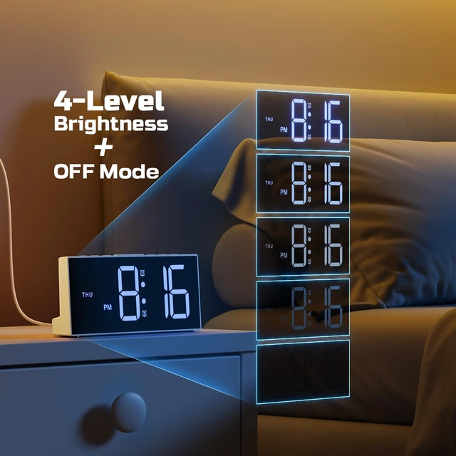 Alt view image 5 of 7 - Digital Alarm Clock for Bedroom with Large LED Numbers, Dimmer, 2 Alarms | Snooze, 3 Levels of Volume, 3 Alarm Schedules, the Day of the Week, USB Charging Port, Mains-Powered for Living Room Office