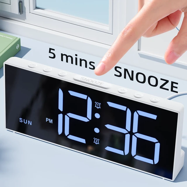 Alt view image 6 of 7 - Digital Alarm Clock for Bedroom with Large LED Numbers, Dimmer, 2 Alarms | Snooze, 3 Levels of Volume, 3 Alarm Schedules, the Day of the Week, USB Charging Port, Mains-Powered for Living Room Office