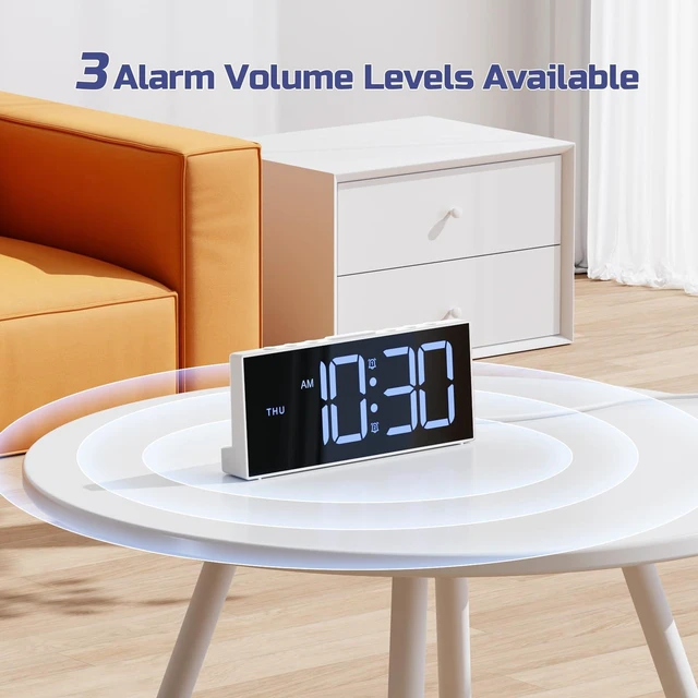 Alt view image 7 of 7 - Digital Alarm Clock for Bedroom with Large LED Numbers, Dimmer, 2 Alarms | Snooze, 3 Levels of Volume, 3 Alarm Schedules, the Day of the Week, USB Charging Port, Mains-Powered for Living Room Office