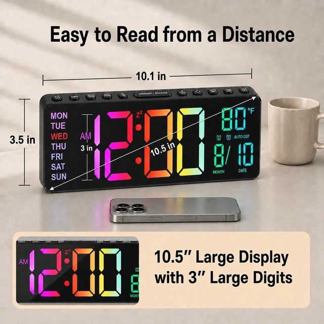 Alt view image 3 of 7 - JALL 10.5'' Large Digital Alarm Clock with Big LED Number for School Classroom, Remote Control, RGB Colors,Timer, Dual Alarm, Temperature for Bedroom, Living Room, Gift for Senior Student Teacher