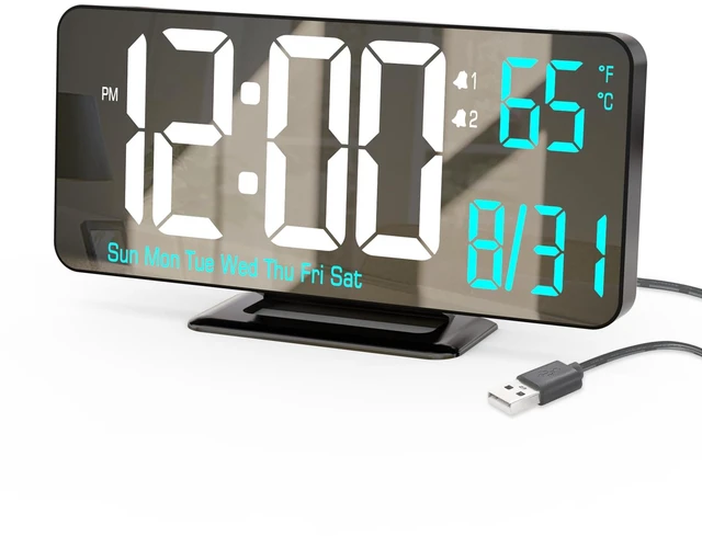 Main image of KOSUMOSU Digital Alarm Clock 6.7in Black Clock for Bedroom, Dual Alarm, Date, Seconds,Day of Week,12/24h,Dimming, Temp, Desk Clock, LED Clock for Living Room, Calendar Digital Clock