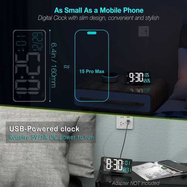 Alt view image 2 of 6 - KOSUMOSU Digital Alarm Clock 6.7in Black Clock for Bedroom, Dual Alarm, Date, Seconds,Day of Week,12/24h,Dimming, Temp, Desk Clock, LED Clock for Living Room, Calendar Digital Clock