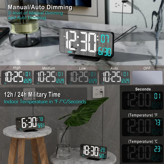 Alt view image 3 of 6 - KOSUMOSU Digital Alarm Clock 6.7in Black Clock for Bedroom, Dual Alarm, Date, Seconds,Day of Week,12/24h,Dimming, Temp, Desk Clock, LED Clock for Living Room, Calendar Digital Clock