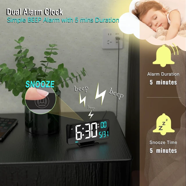 Alt view image 5 of 6 - KOSUMOSU Digital Alarm Clock 6.7in Black Clock for Bedroom, Dual Alarm, Date, Seconds,Day of Week,12/24h,Dimming, Temp, Desk Clock, LED Clock for Living Room, Calendar Digital Clock