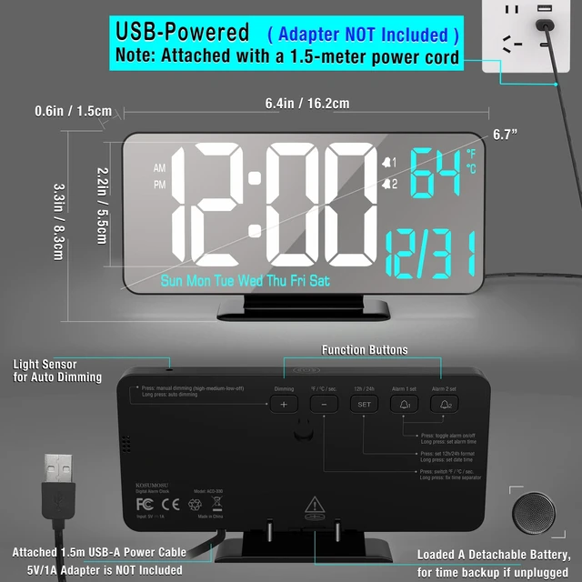 Alt view image 6 of 6 - KOSUMOSU Digital Alarm Clock 6.7in Black Clock for Bedroom, Dual Alarm, Date, Seconds,Day of Week,12/24h,Dimming, Temp, Desk Clock, LED Clock for Living Room, Calendar Digital Clock