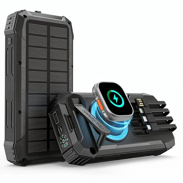 Main image of 20000mAh 22.5W Fast Charging Solar Power Bank 15W iWatch Wireless Charging | Hand Crank and 4 Cables, Charge 6 Devices, 70% in 30Min, External Battery Phone Pack for iPhone 18 17 Samsung iPad etc