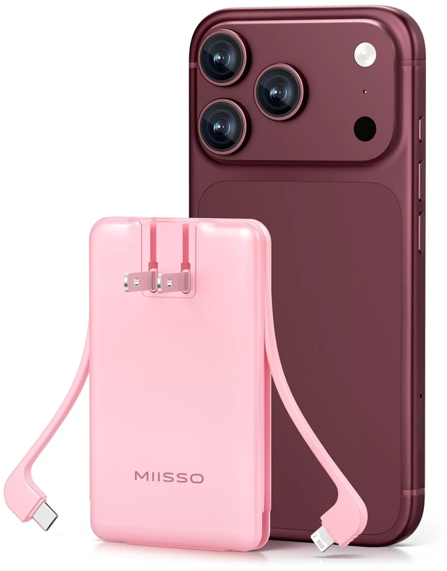 Main image of miisso Ultra Slim 5000mAh Power Bank, Built-in Cables & AC Plug,Pink | Pocket Size Portable Charger,Mini Phone Charger,Travel Essential,USB C External Battery Pack Compatible with iPhone,Samsung
