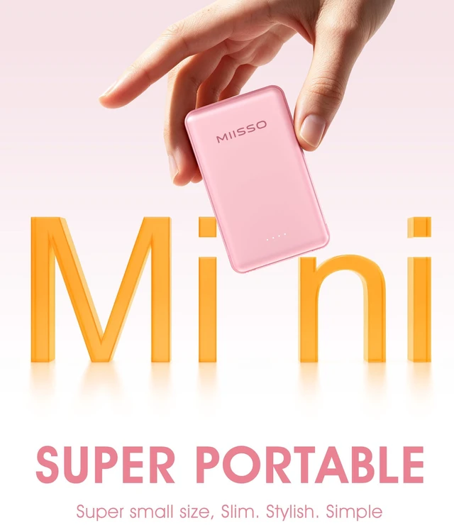 Alt view image 2 of 7 - miisso Ultra Slim 5000mAh Power Bank, Built-in Cables & AC Plug,Pink | Pocket Size Portable Charger,Mini Phone Charger,Travel Essential,USB C External Battery Pack Compatible with iPhone,Samsung