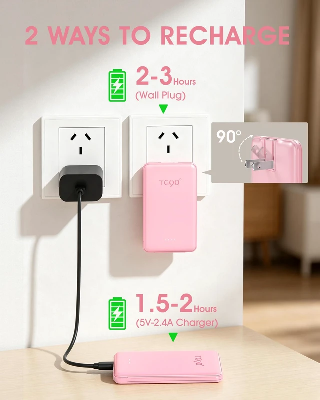 Alt view image 4 of 7 - miisso Ultra Slim 5000mAh Power Bank, Built-in Cables & AC Plug,Pink | Pocket Size Portable Charger,Mini Phone Charger,Travel Essential,USB C External Battery Pack Compatible with iPhone,Samsung