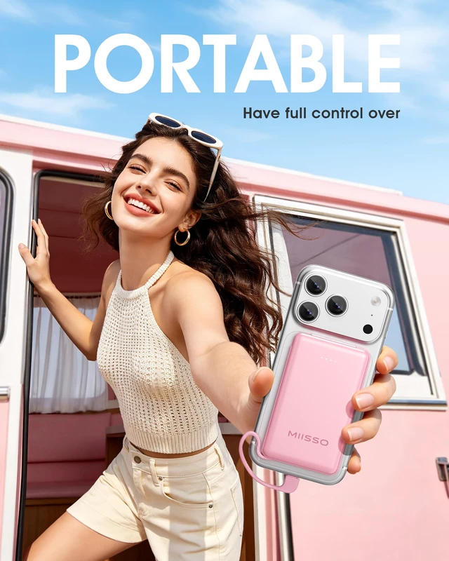 Alt view image 7 of 7 - miisso Ultra Slim 5000mAh Power Bank, Built-in Cables & AC Plug,Pink | Pocket Size Portable Charger,Mini Phone Charger,Travel Essential,USB C External Battery Pack Compatible with iPhone,Samsung