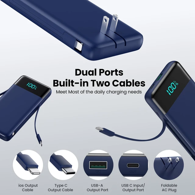 Alt view image 3 of 7 - Portable Charger with Built-in AC Plug and Cables,13800mAh All in One USB C Fast Charging Power Bank,Travel Essentials Portable Phone Charger Battery Pack for iPhone 17/16/14,Galaxy,Android-Dark Blue