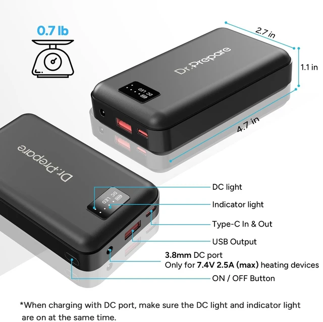 Alt view image 4 of 7 - Dr.Prepare 16000mAh Battery Pack with 7.4V DC Output for Heated Vest, Faster-Charging Power Bank with 5V USB Output & Type C In/Output, Portable Compact Battery for Eye Mask, iPhone and iPad, Desk Fan