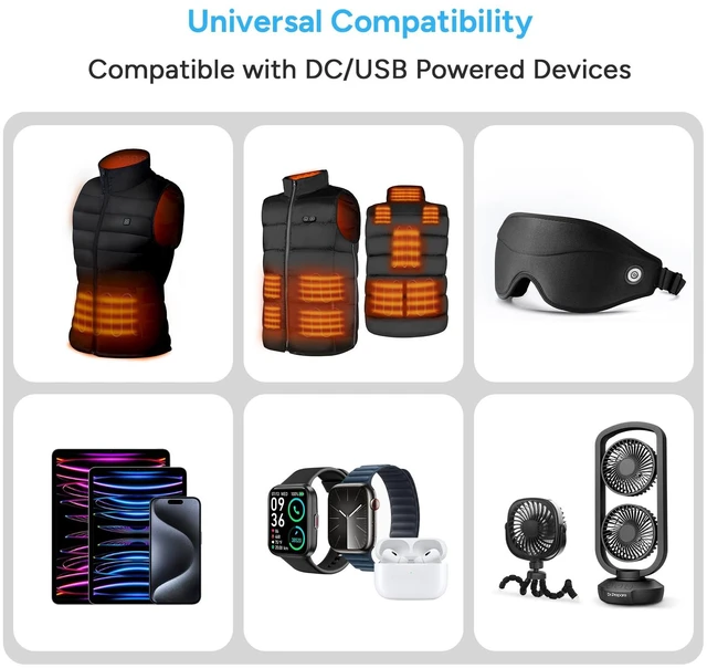 Alt view image 5 of 7 - Dr.Prepare 16000mAh Battery Pack with 7.4V DC Output for Heated Vest, Faster-Charging Power Bank with 5V USB Output & Type C In/Output, Portable Compact Battery for Eye Mask, iPhone and iPad, Desk Fan