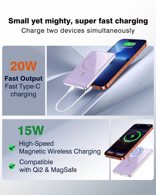 Alt view image 5 of 7 - TmtopeboMagSlim 0.35in 5000mAh Semi-Solid Wireless Fast Charging Power Bank | Adopt safer semisolid state battery,15W Wireless+20W USBC Fast Charging,for iPhone/Samsung/Google/Moto,Watch,Qi2/MagSafe